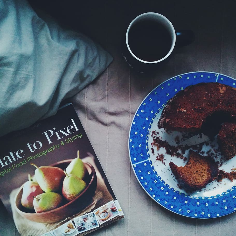 bun, tea, book, Homemade, dessert, home, relax, top view, food, cake