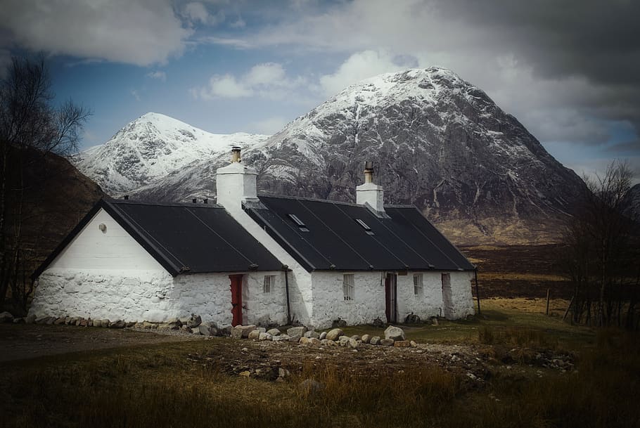 glencoe, scotland, cottage, highlands, scenic, mountain, scottish, mountains, sky, architecture