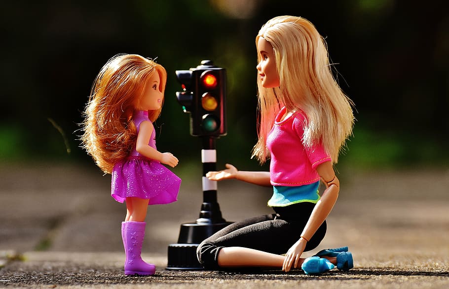 barbie doll, front, baby doll, middle, street, mother, child, traffic, learn, rules of the road