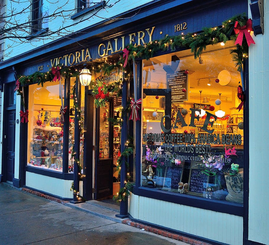 victoria, gallery store, christmas store, building, architecture, gallery, christmas lights, sidewalk, winter, street