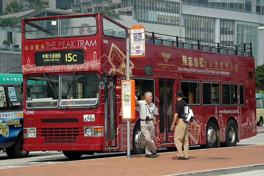 Autobús, Imperial, Hong Kong, China, parada, rojo, autobús de dos pisos, transporte público, día, al aire libre