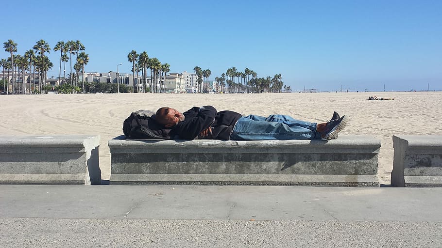 Homeless, Venice Beach, beach, sleeping, beach bum, lying down, men, loss, sky, outdoors