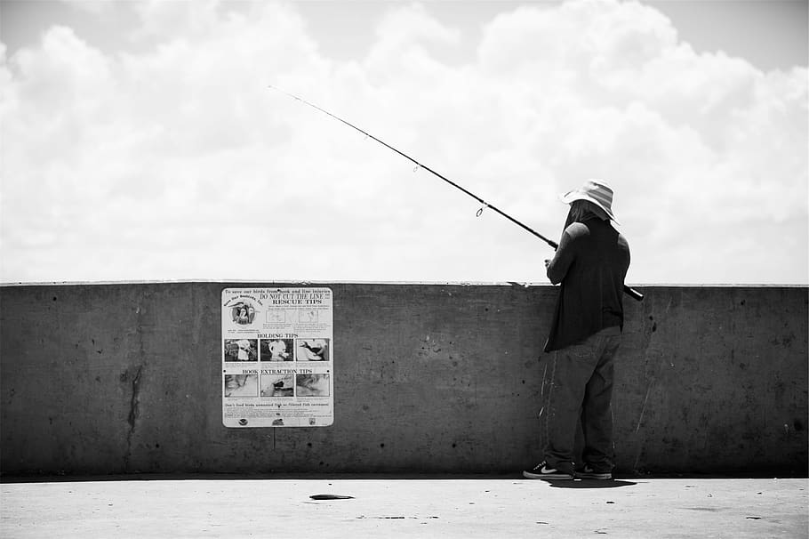 fisherman, fishing, rod, pier, black and white, one person, real people, sky, full length, lifestyles