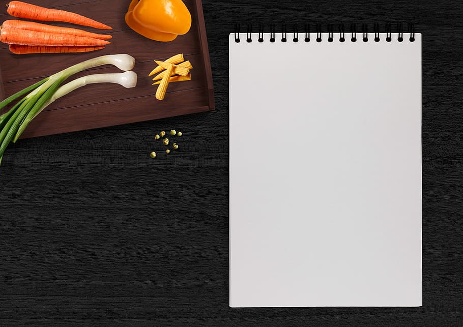 white, paper, black, surface, writing pad, vegetables, table, tray, paprika, carrots