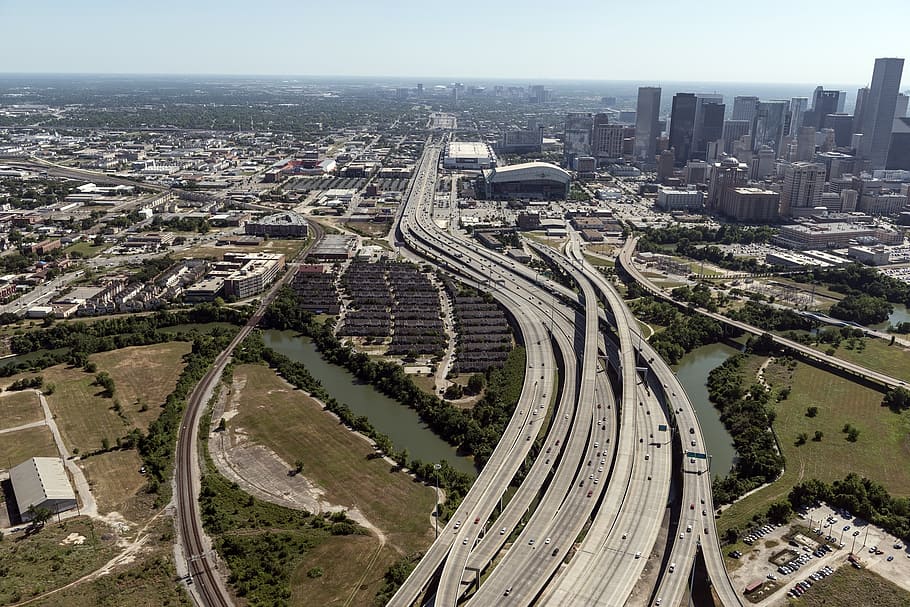 aerial, photography, multi-lanes road, aerial view houston highways, urban, roads, traffic, city, streets, travel