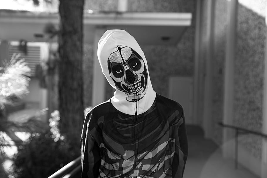 mask, fortnite, hoodie, skeleton, boy, child, target, portrait, halloween, costume