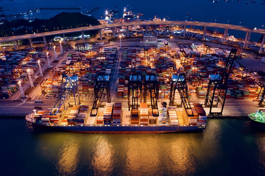 terminal kontainer, Kapal kontainer, pengiriman, pelabuhan, kargo, ekspor, transportasi, pemuatan, impor, malam