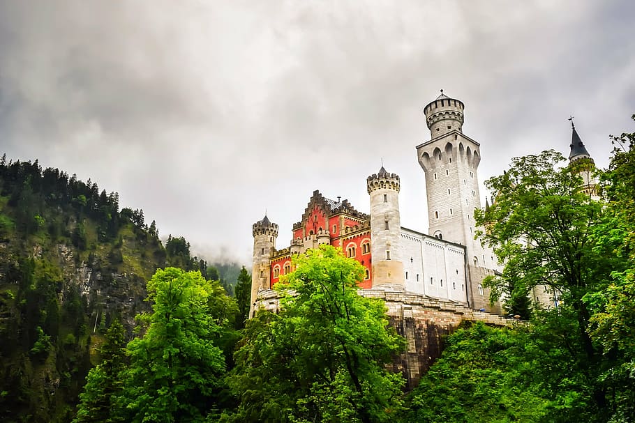 orange, white, building, surrounded, trees, schwangau, germany, castle, fortress, sky