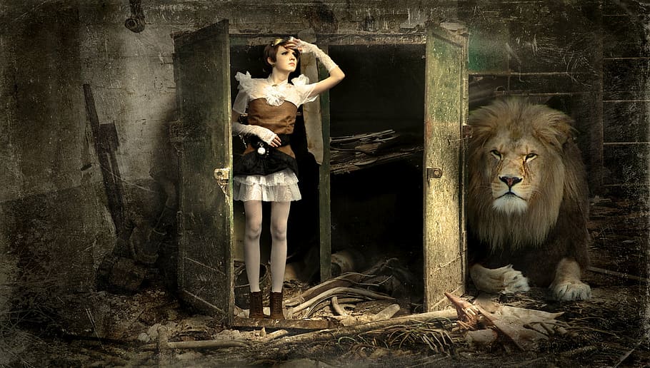 woman, door, lying, cabinet, lion, lapsed, old, broken, risk, steampunk