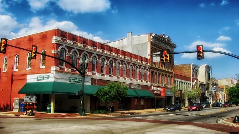 lancaster, ohio, town, towns, intersection, downtown, store, shops, hdr, 1979