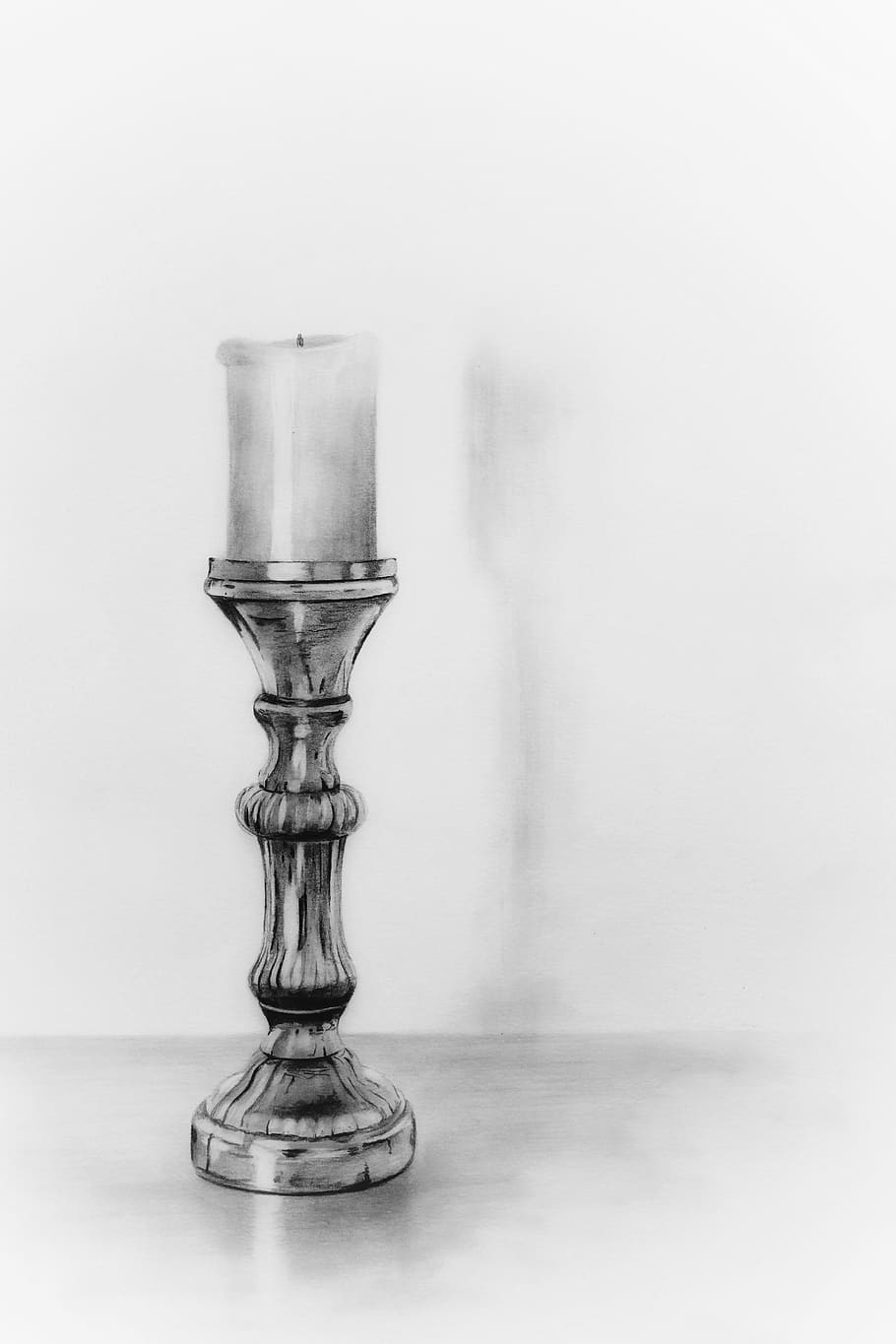 pencil drawing, pencil, candlestick, candle, graphite, art, drawing, painting, reflection, silver