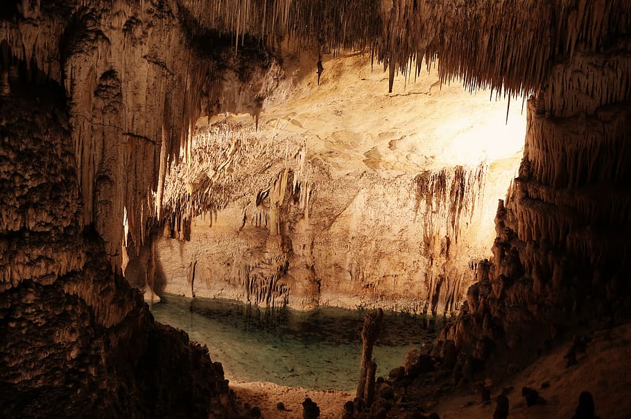 cave, underground, river, water, tunnel, light, geology, physical geography, rock formation, stalactite
