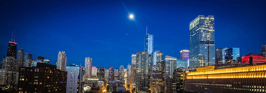 lighten city building, chicago, city, cityscape, moonlight, night, night lights, skyscraper, illuminated, architecture