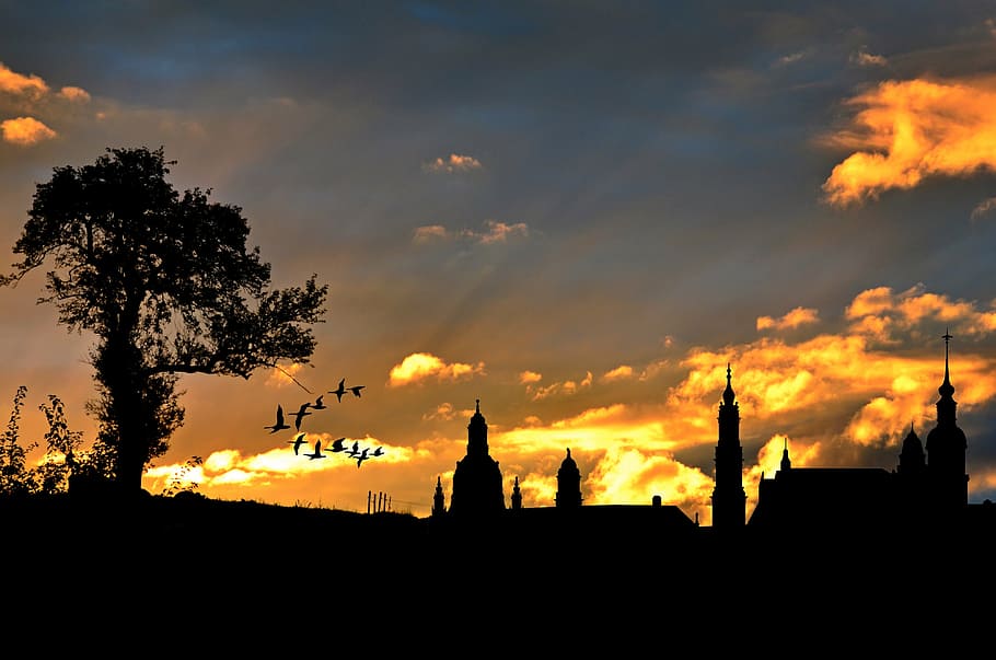silhouette, church, daytime, city view, evening sky, architecture, building, abendstimmung, sunset, lighting