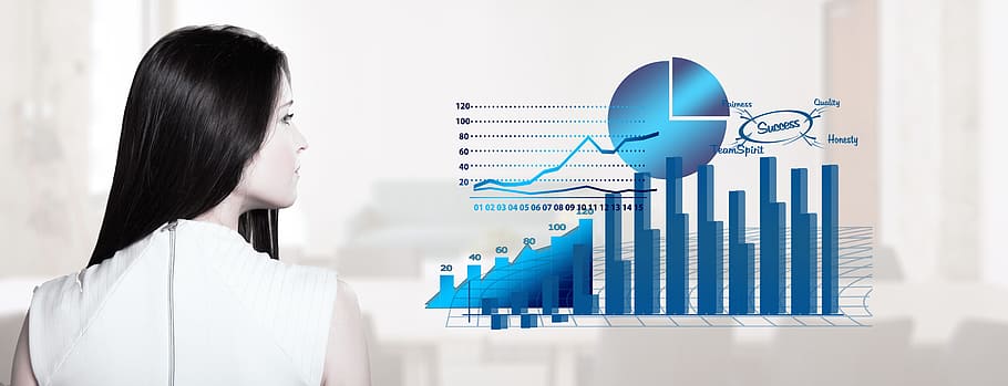 woman, standing, graph, statistics, arrows, trend, economy, business, finance, direction
