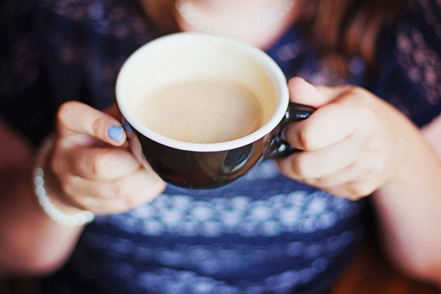 woman, showing, black, white, ceramic, cup, blur, breakfast, caffeine, cappuccino