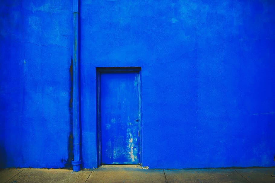 閉じた青いドア, 青, コンクリート, 壁, ドア, 壁-建物の特徴, 建築, 古い, エントランス, 構築された構造