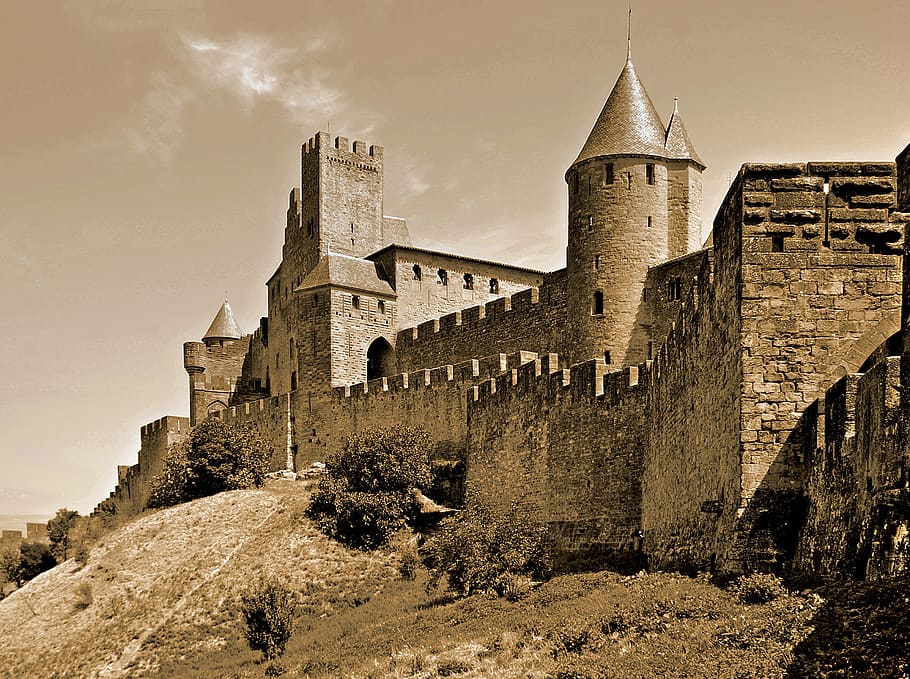 회색 성, 카르카손, 프랑스, ​​성벽, 중세, 탑, 역사, 건축물, 건물 외관, 건축 된 구조
