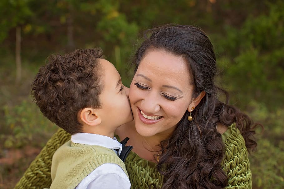 boy, kissing, woman, tilt photography, chick, mother and son, mom, kid, mother, child