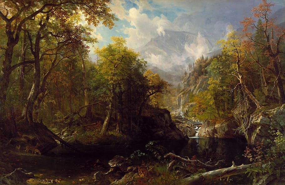 green, trees, river illustration, albert bierstadt, landscape, art, artistic, painting, oil on canvas, sky