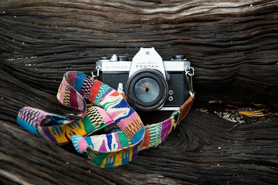 camera, vintage, old, pentax, multi colored, day, outdoors, close-up, wood - material, basket