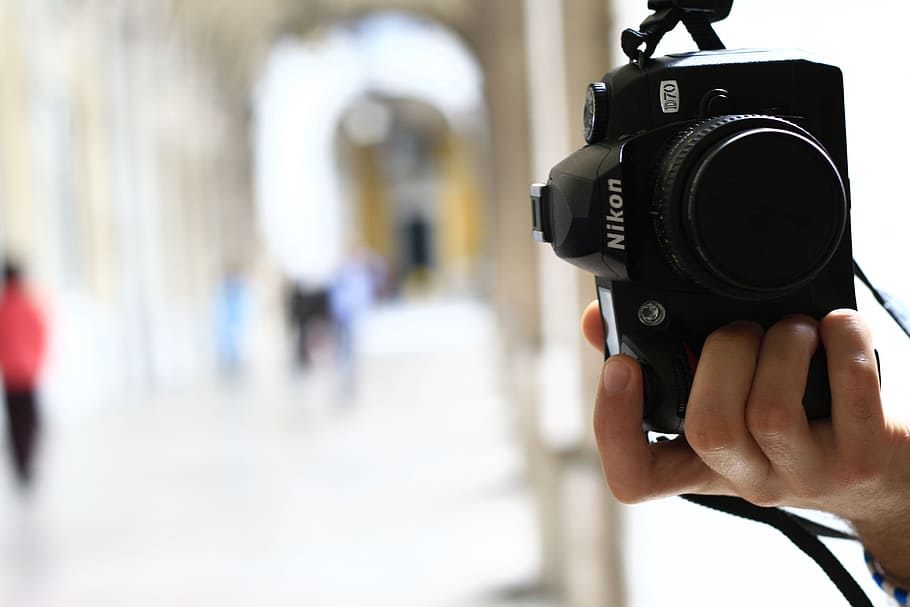 person, holding, black, nikon, d70, tilt shift lens photography, camera, photography, hand, shooting