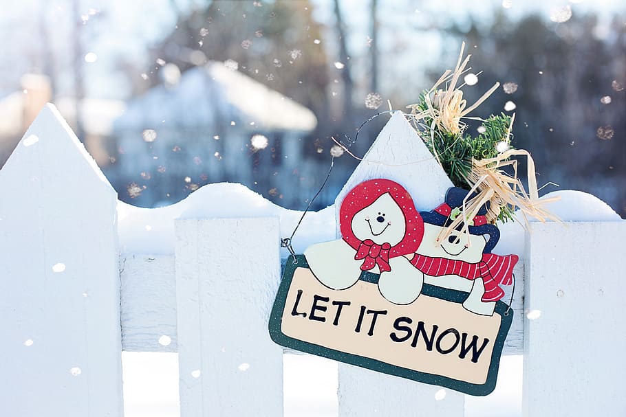deixe, sinalização da neve, enforcado, branco, de madeira, cerca, deixe nevar, decoração, inverno, design