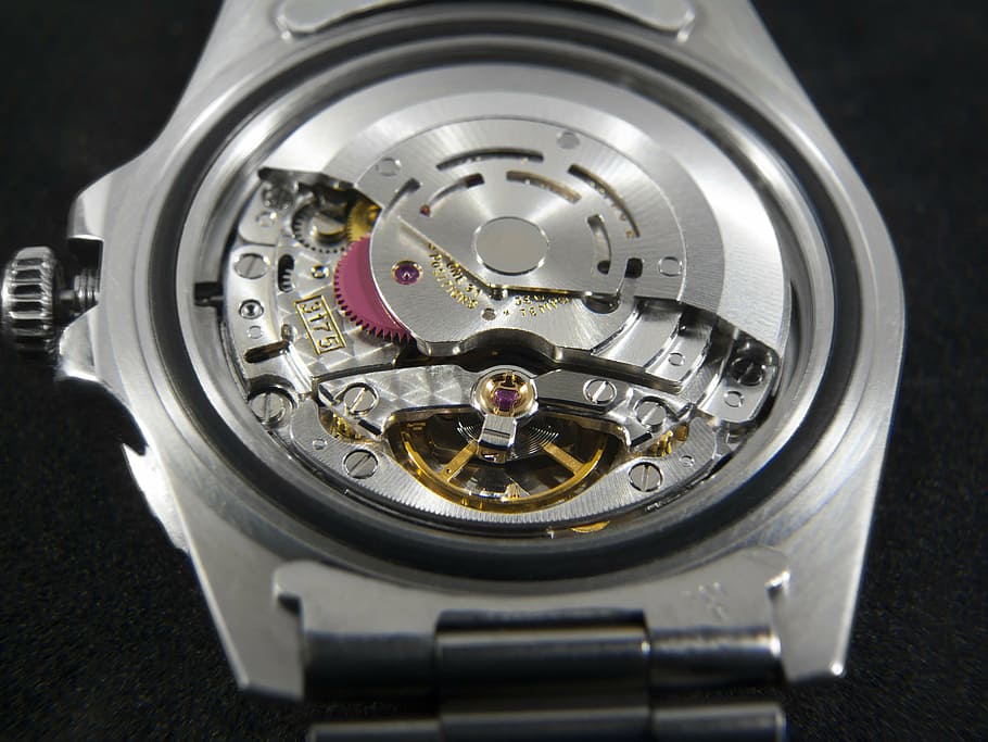round silver-colored chronograph, watch, link bracelet, mechanics, movement, feinmechanik, wrist watch, clock, automatic, gmt-master