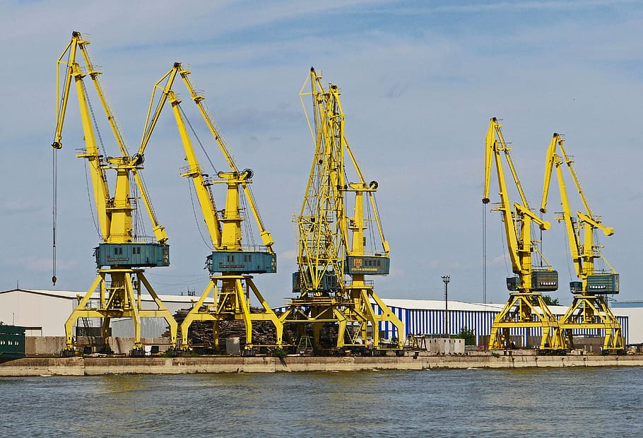 yellow, green, heavy, equipment, body, water, romania, bank of the danube, cranes from eberswalde, port