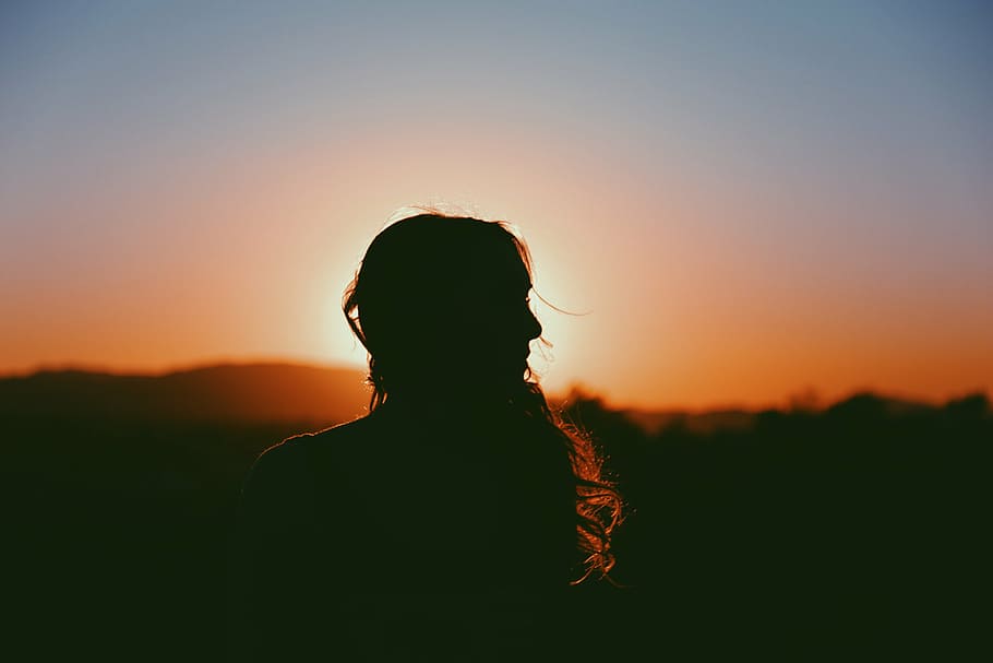 silhouette of person, silhouette, woman, facing, sunset, girl, looking, dusk, evening, shadow