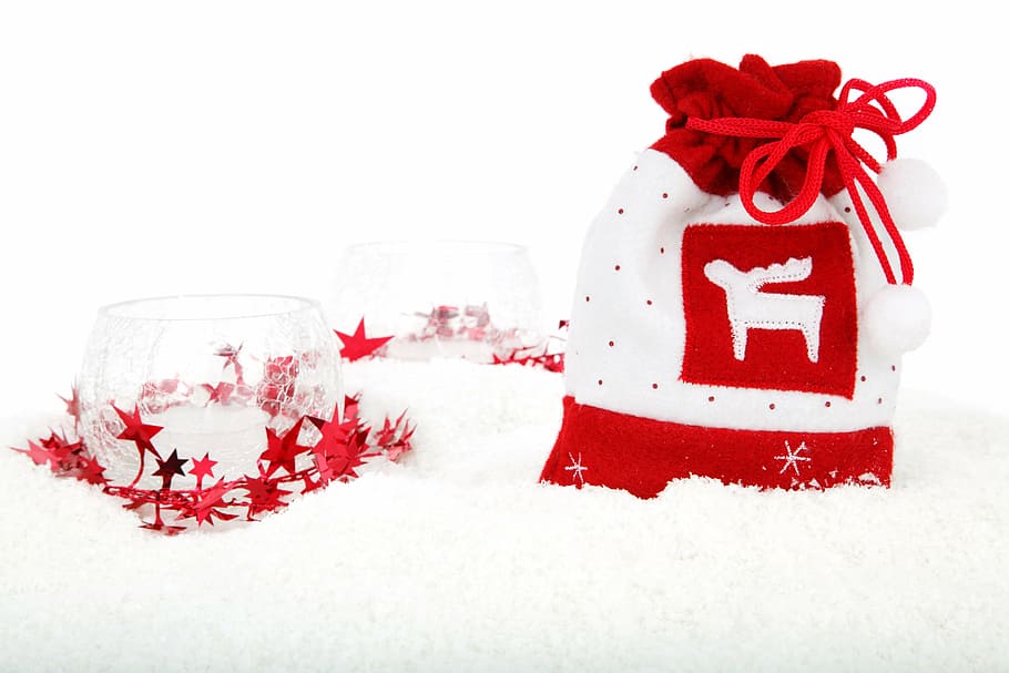 white, red, drawstring pouch, bag, celebration, christmas, concept, december, decoration, decorative