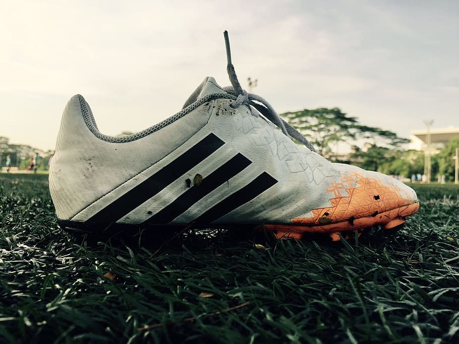 closeup, photography, white, orange, adidas cleat shoe, green, grass, soccer, shoe, shoes