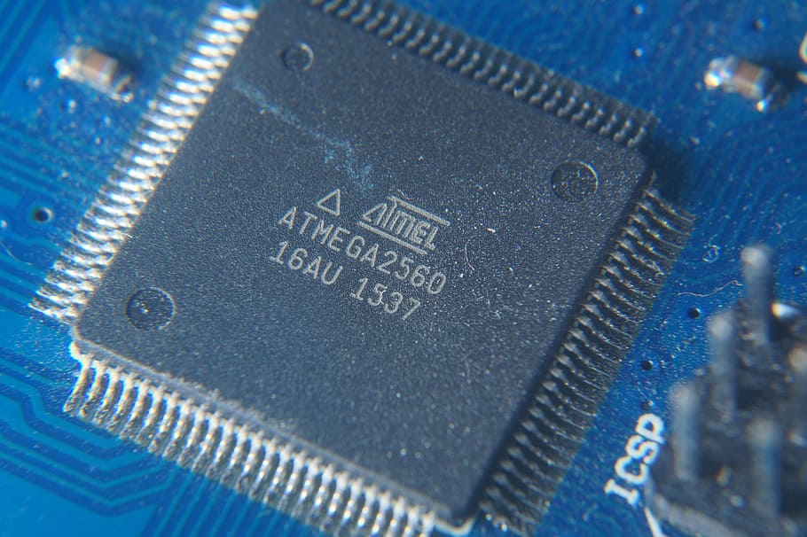 Arduino, Microchip, Board, atmega2560, micro-electronics, electrical engineering, blue, futuristic, technology, close-up