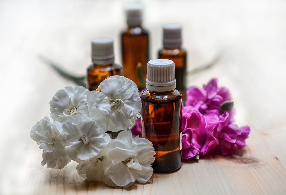 petaled flower, vial, essential oils, aromatherapy, spa, oil, essential, bottle, care, treatment