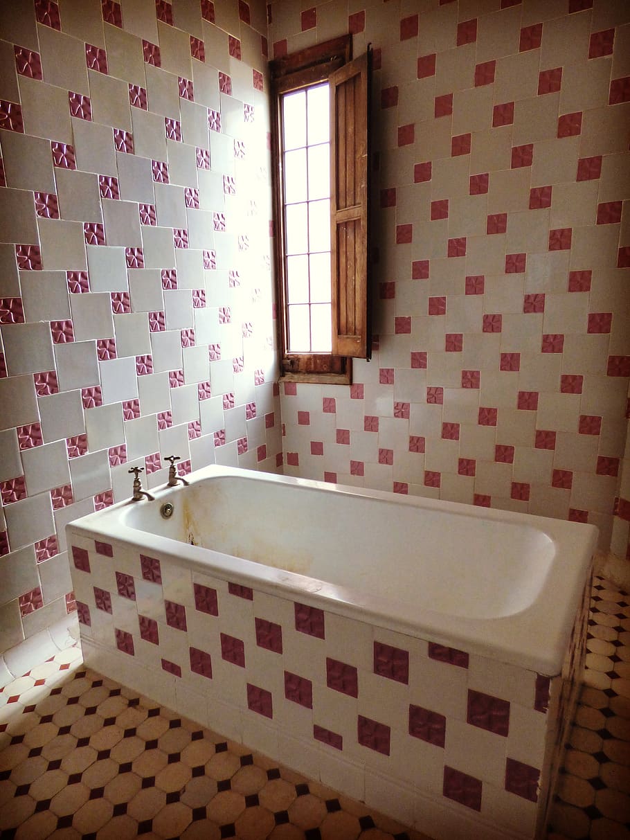 baño, modernismo, azulejos, bañera, vintage, viejo, ventana, adentro, habitación doméstica, hogar