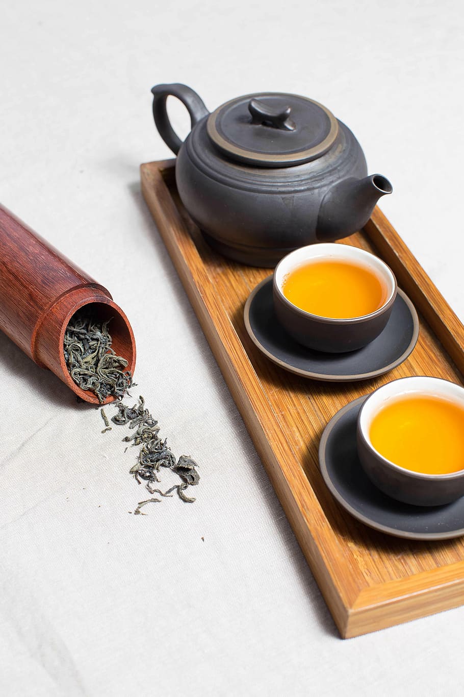 black, teapot, teacup, saucer, bamboo, beverage, breakfast, caffeine, cup, dried tea leaves