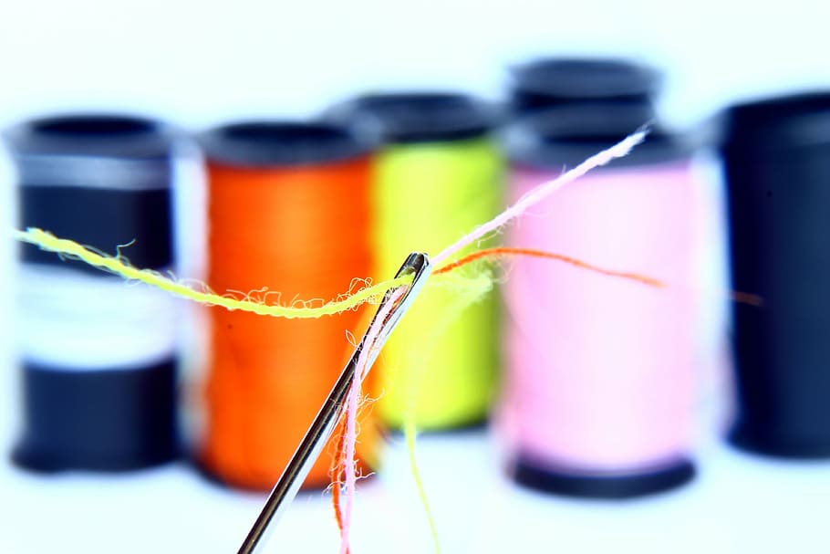 tilt shift photo, thread, needle, lines, sewing, eye of the needle, colors, colorful, healthcare and medicine, laboratory