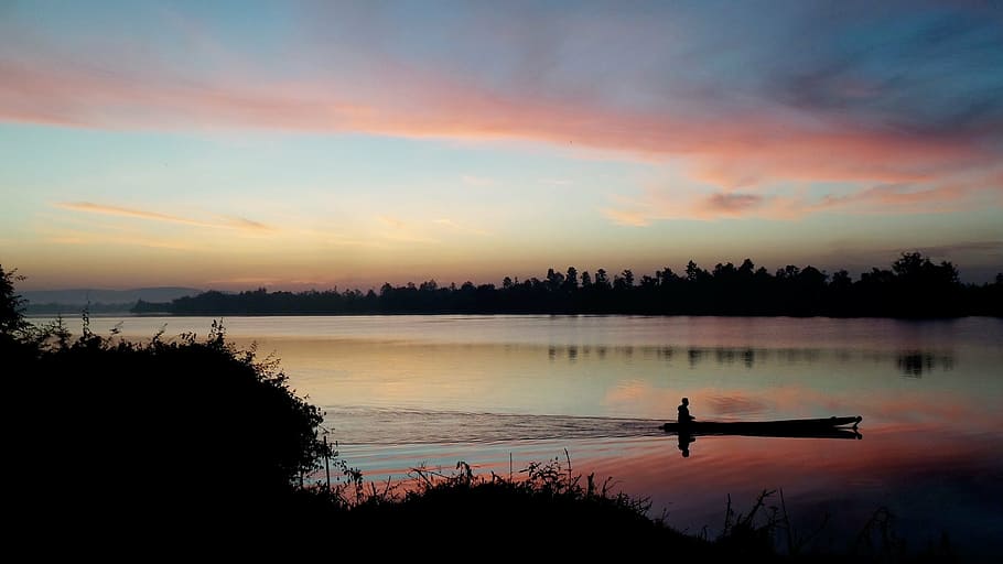 amanecer, cielo, río, río mekong, bote de remos, pesca, brillante, mañana, naturaleza, puesta de sol