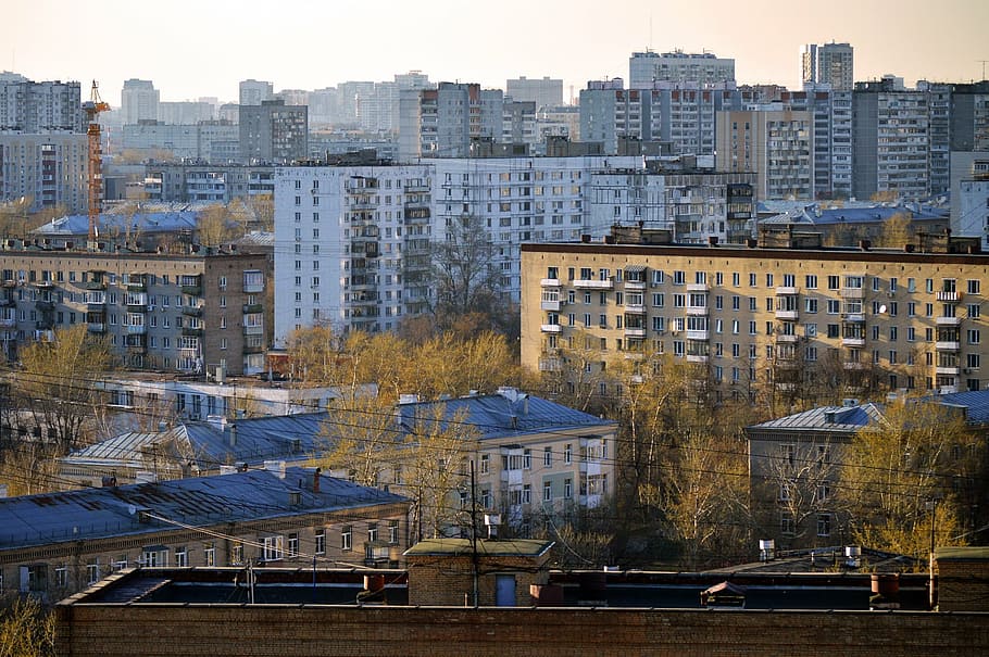 aerial, city, moscow, russia, rooftops, soviet, architecture, cityscape, buildings, afternoon