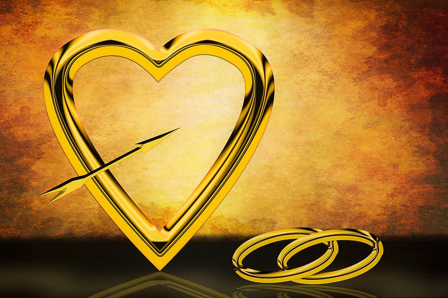 ilustração de coração de ouro, emoções, amor, coração, sentimentos, conexão, romance, casamento, símbolo, anéis