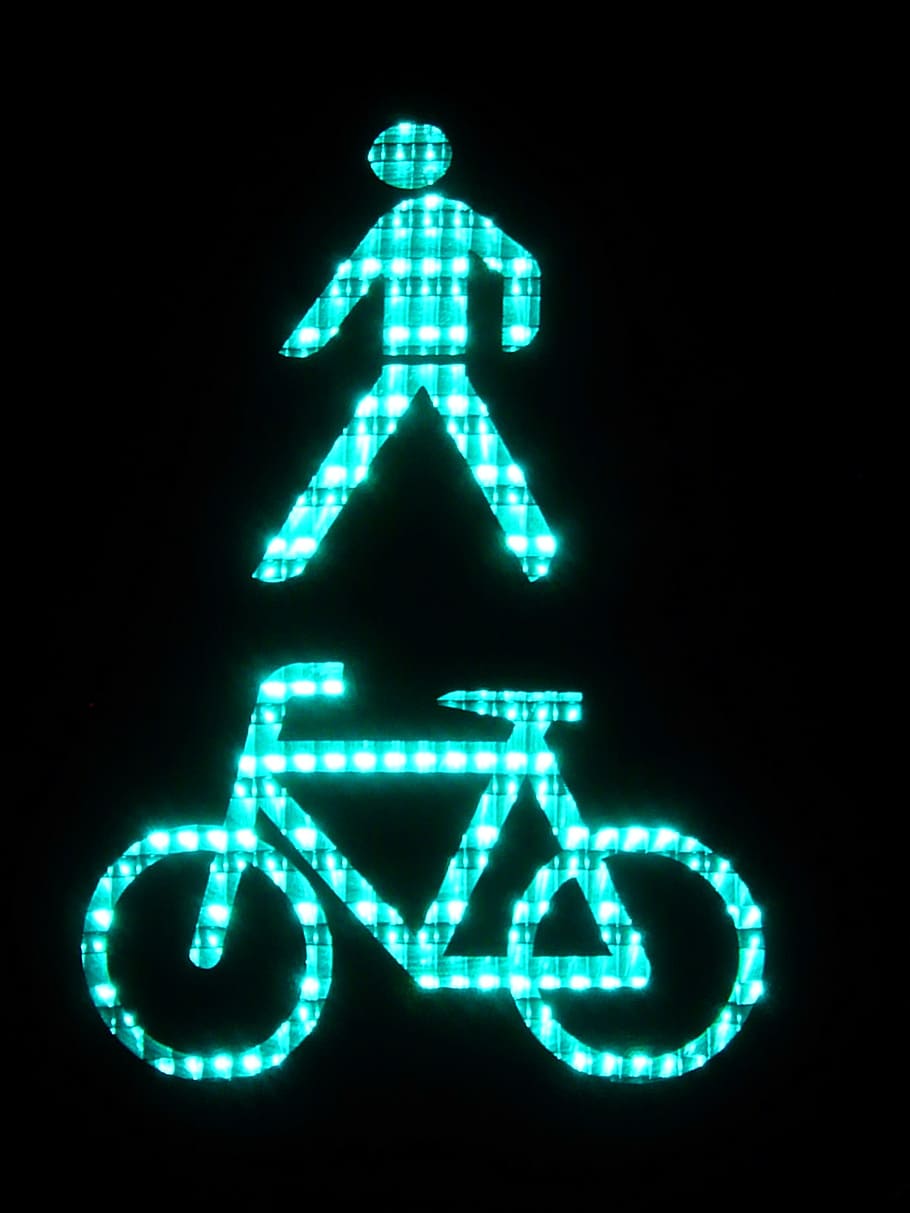 Footbridge, Pedestrian, Cyclists, traffic lights, green, traffic signal, road, light signal, light, illuminated