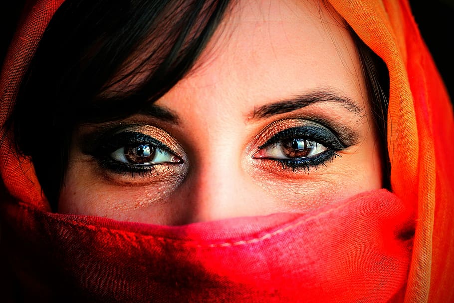 woman, wearing, red, veil, hijab, women's, human, portrait, face, the young woman