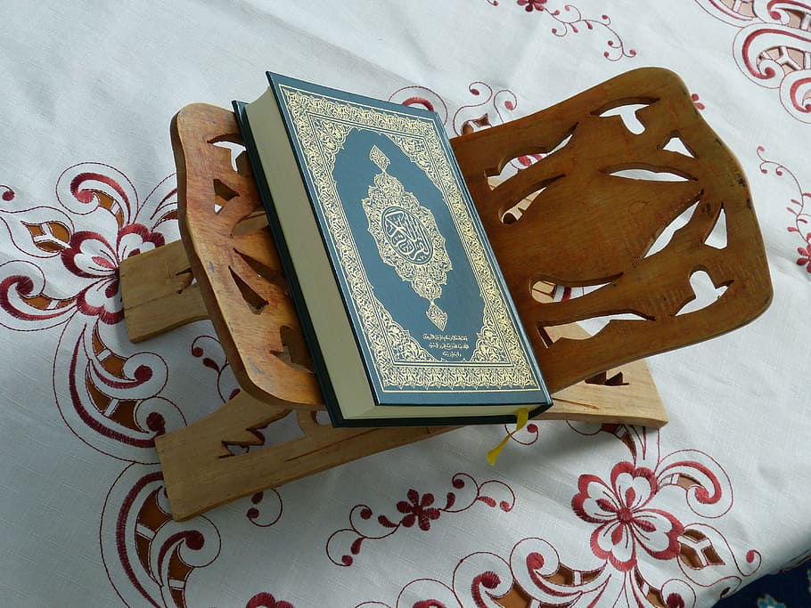 hijau, emas, hardbound, buku, coklat, kayu, pemegang, quran, suci, islam