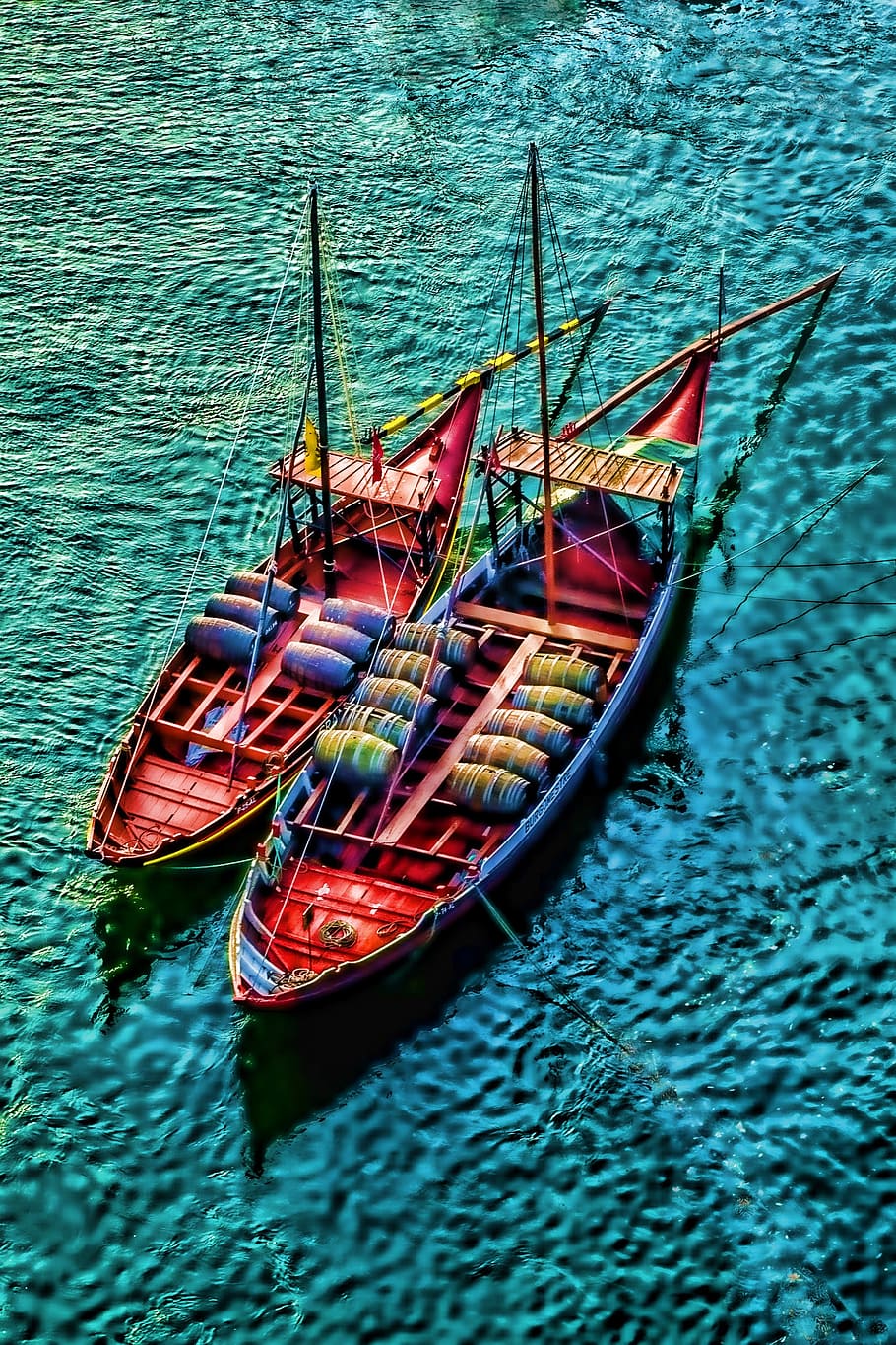 two, red, barrel boats, body, water painting, river, porto, boats, portugal, fishing
