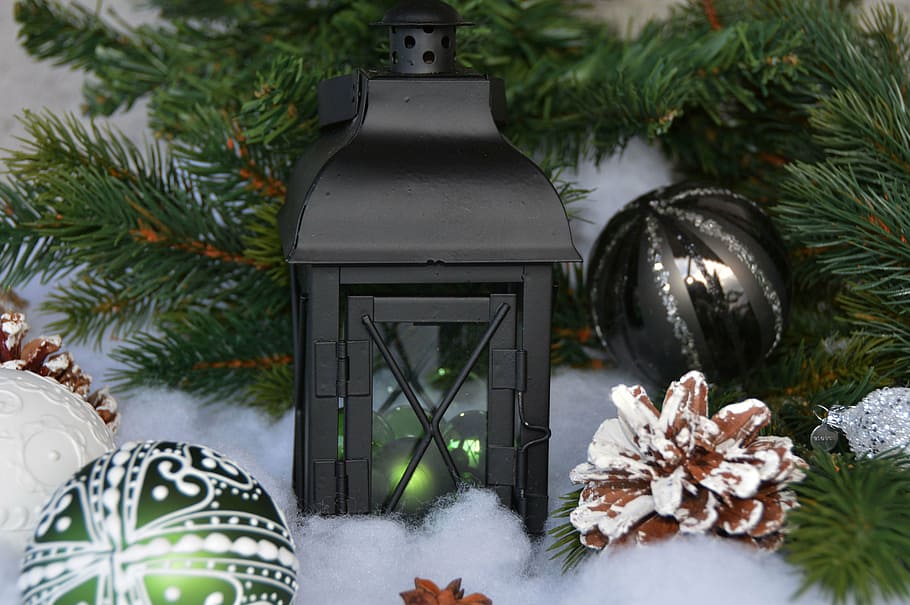 black, candle lantern, christmas baubles, lantern, christmas balls, balls, christmas, advent, christmas time, winter