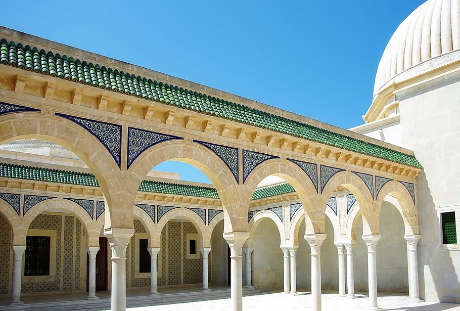green, white, ceramic, pillars, tunisia, monastir, arcades, dome, mausoleum, columns