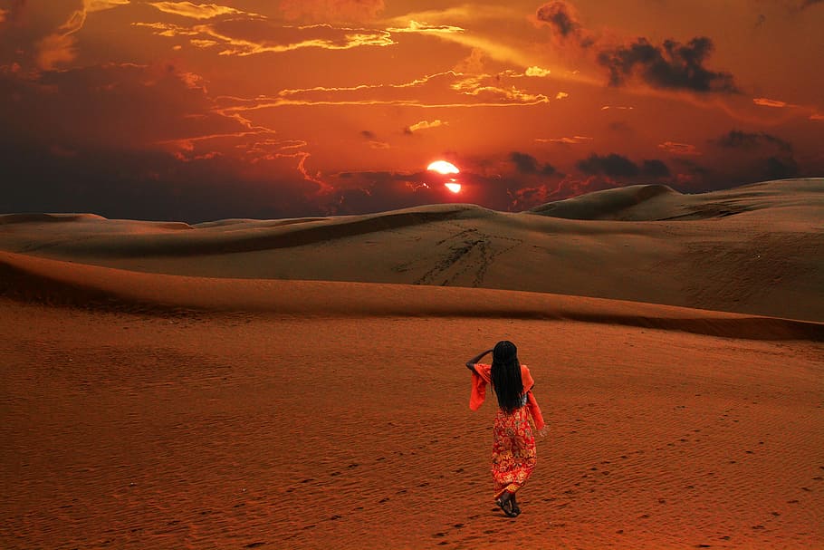 woman, orange, dress, walking, desert, golden, hour, sunset, dessert, air