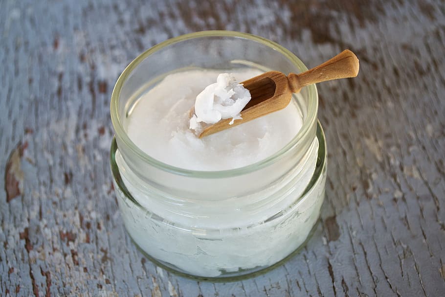 clear glass container, coconut oil on wooden spoon, coconut oil in glass jar, oil, white, glass, healthy, jar, coconut, spoon