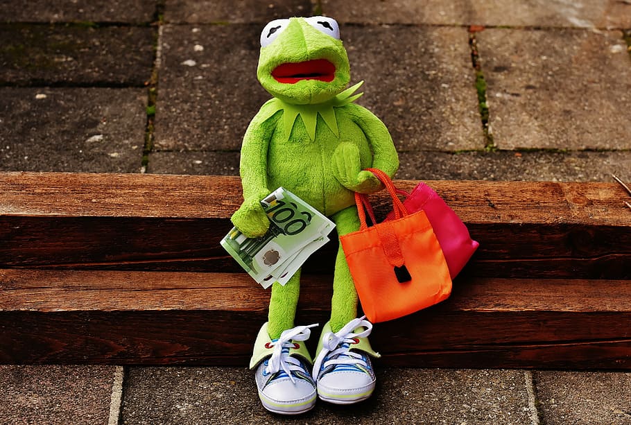 kermit, rana, escalera, compras, dinero, euro, bolsas de compras, bolsas, deporte, zapato