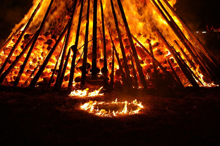 bonfire during nighttime, fire, fire districts, hot, heat, burn, flame, midsummer, blaze, red